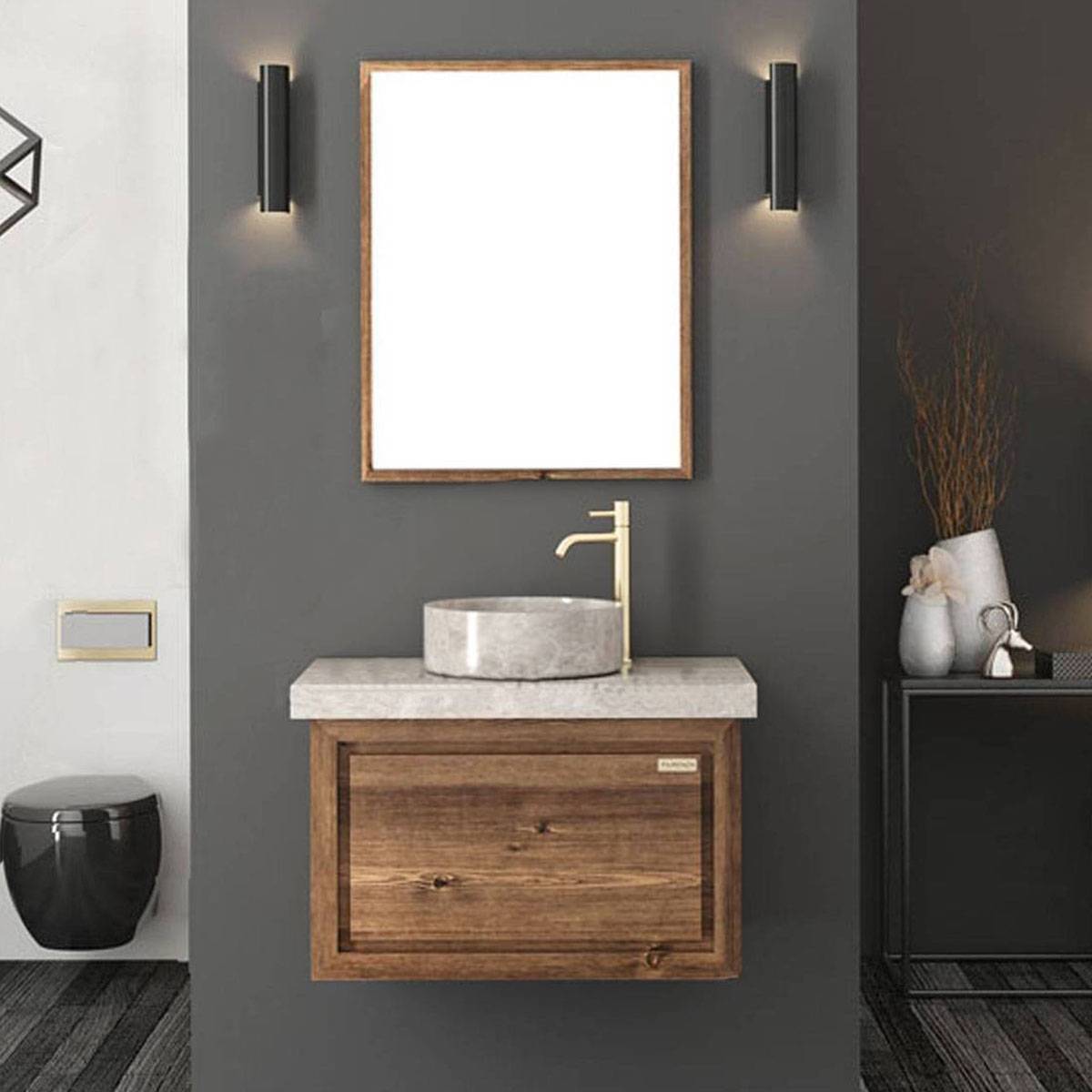 کابینت روشویی دیواری فول ست طرح چوب و طوسی فیورنزا