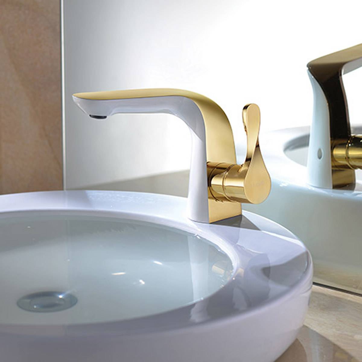 شیر روشویی پایه کوتاه سفید طلایی آلپس آلپس