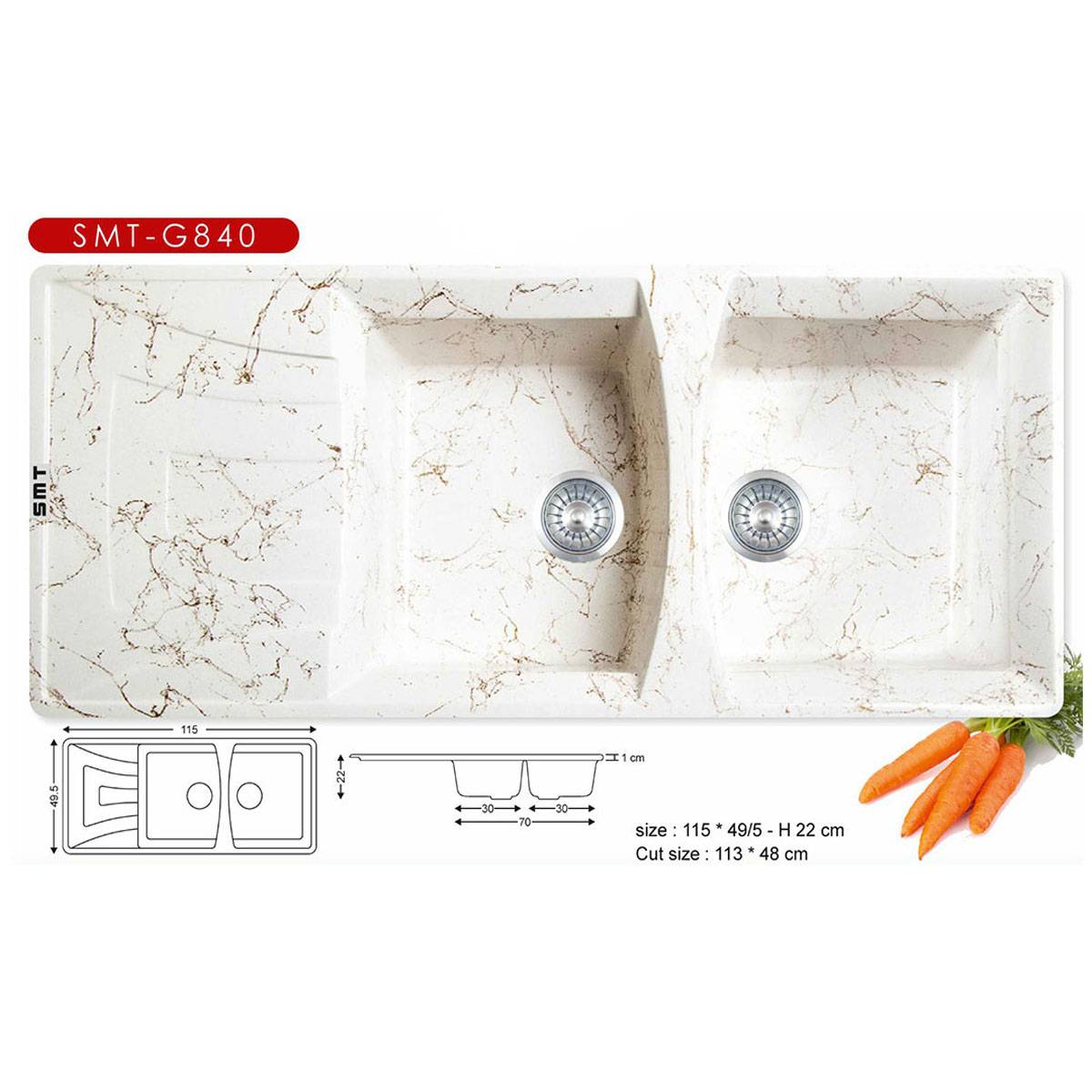 سینک گرانیتی توکار G840 سفید اس ام تی