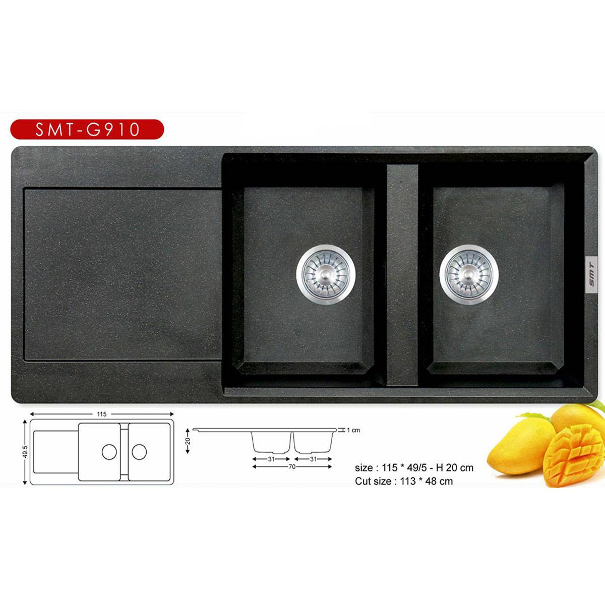 سینک گرانیتی توکار G910 مشکی اس ام تی